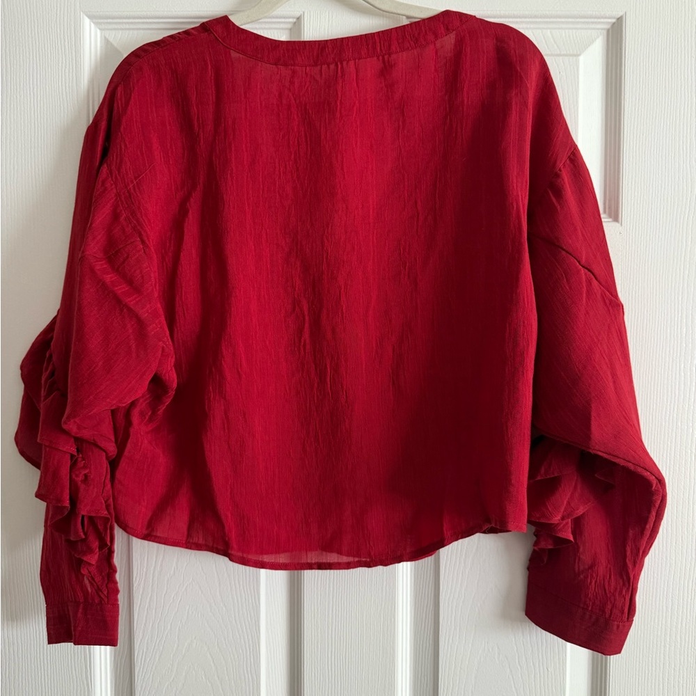 Red Ruffled V-Neck Blouse - Picture 2 of 4
